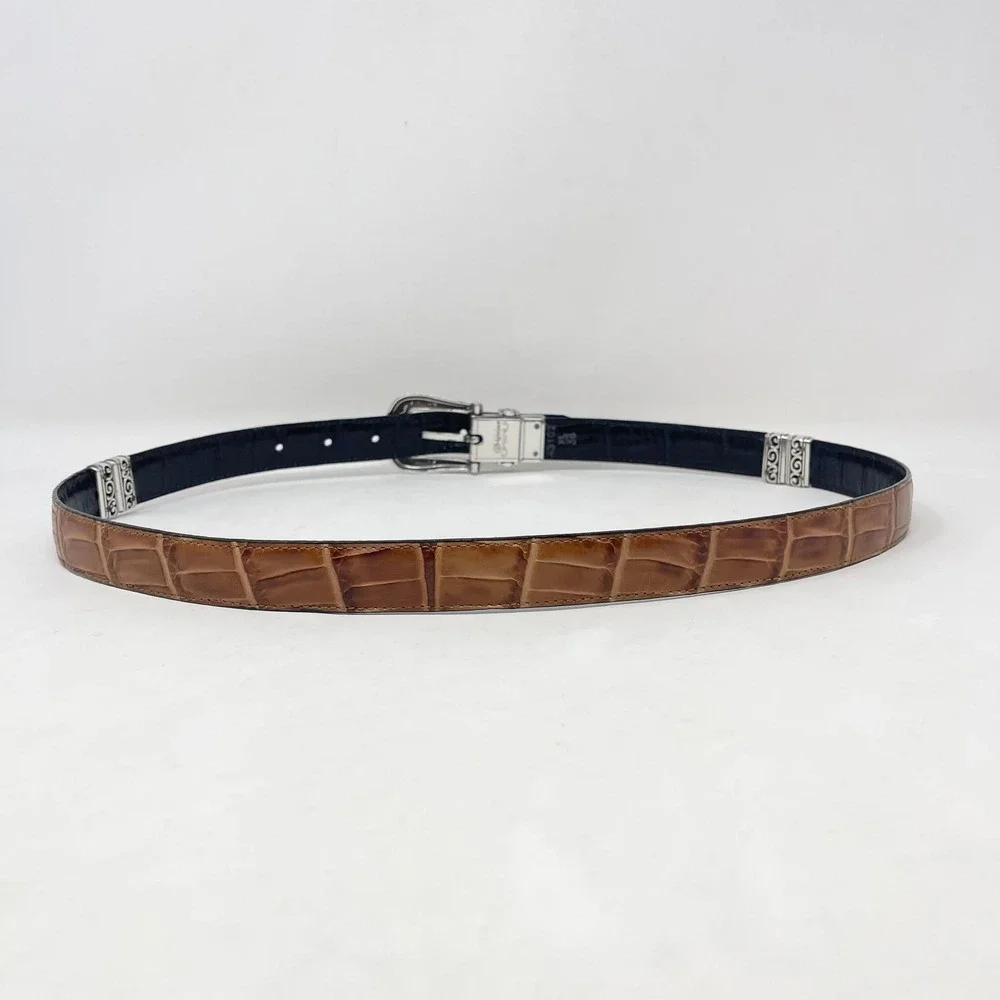 Brighton Reversible Leather Belt Wms 36 Navy Blue Brown Croc Embossed Silver